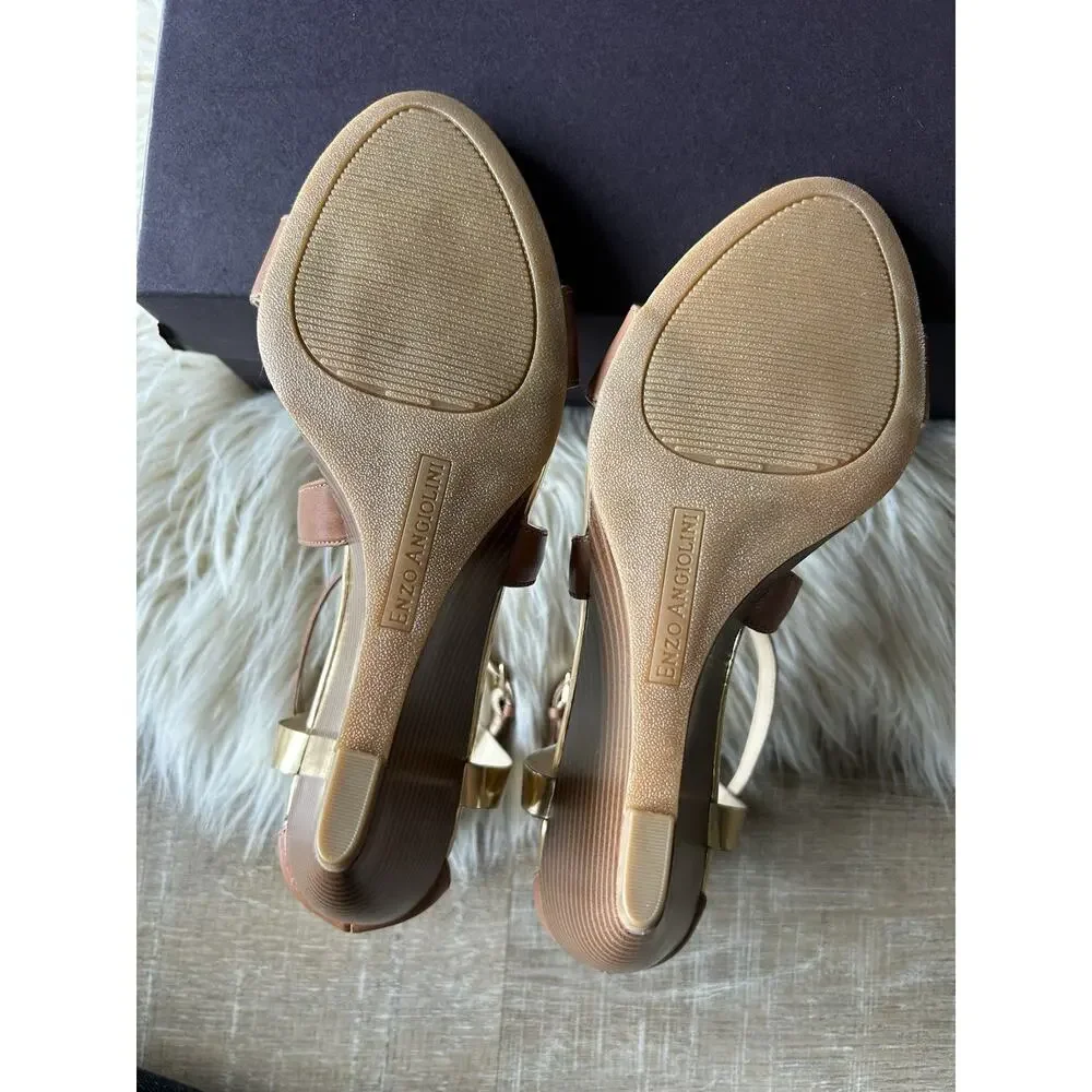 Enzo Angiolini McKinney Wedge Sandals 8.5 Women’s Brown Leather Ankle Strap NIB